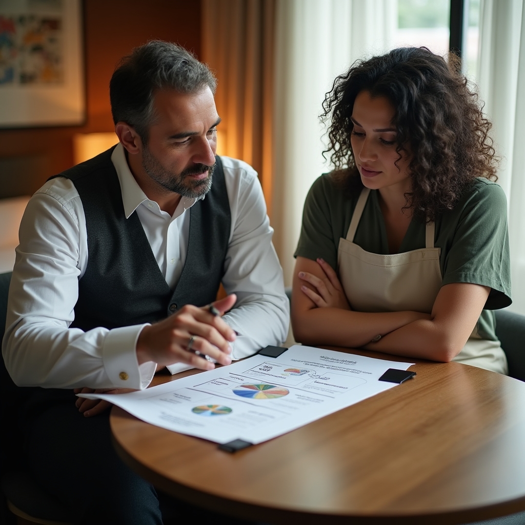Consultant explaining a franchise fee structure diagram on paper to a restaurant owner