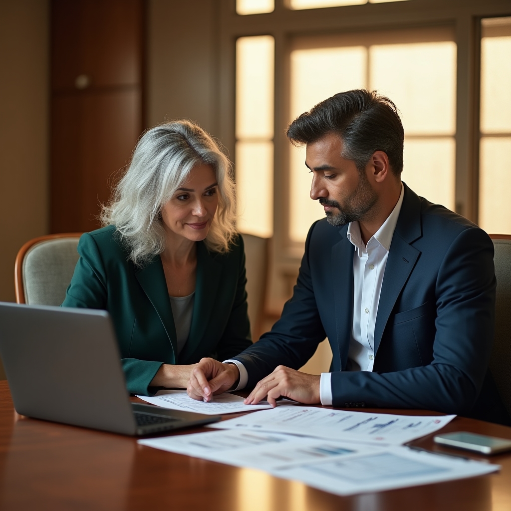 Two consultants reviewing a franchise fee structure spreadsheet at a meeting table