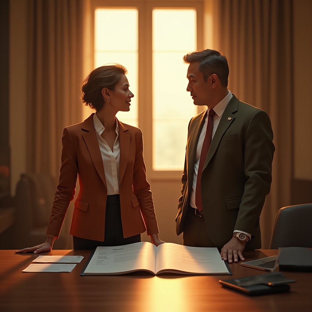 Consultants reviewing a franchise operations manual in a warm, softly lit meeting space