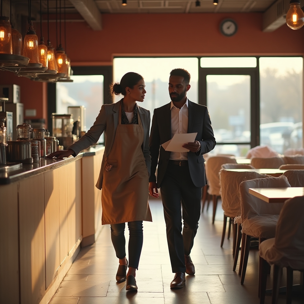 Consultant walking through a new franchise location with the owner during a pre-opening inspection