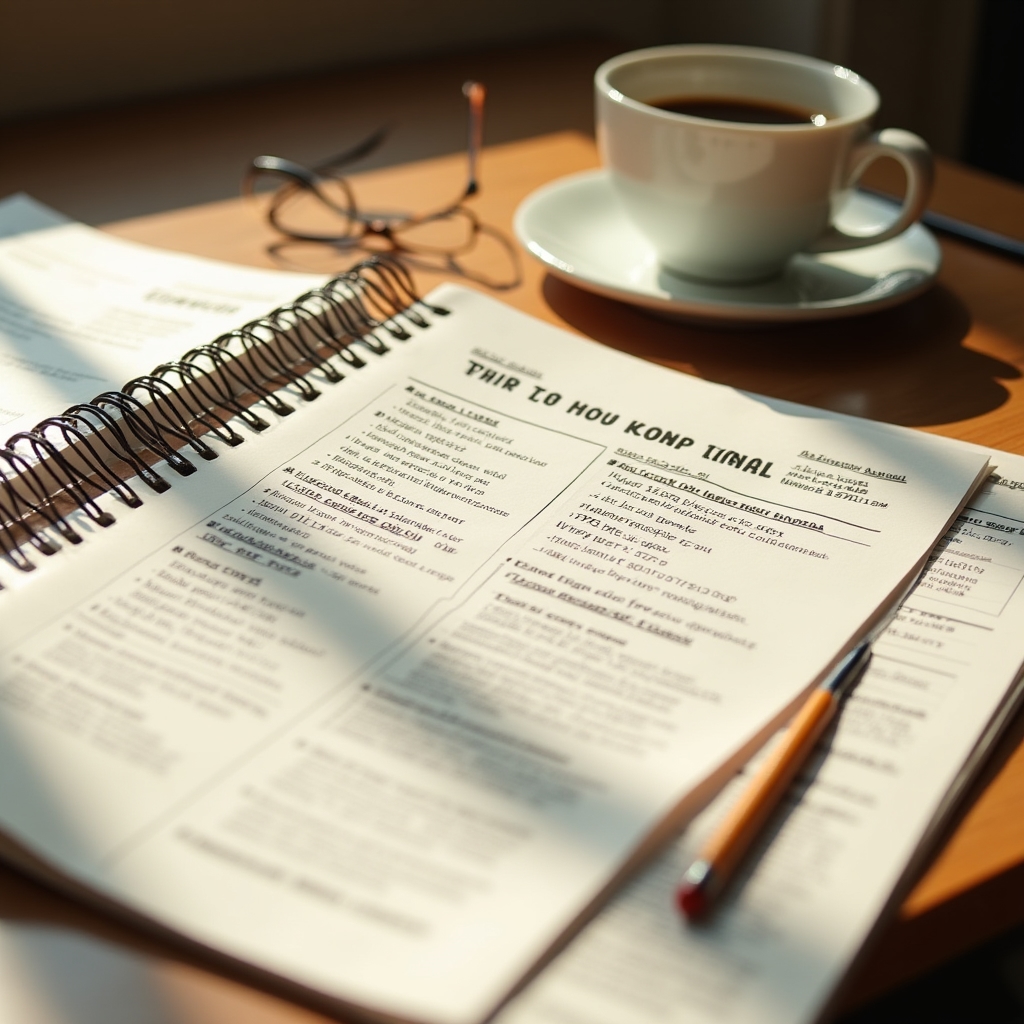 Draft pages of an operations manual laid out on a wooden desk with a coffee cup