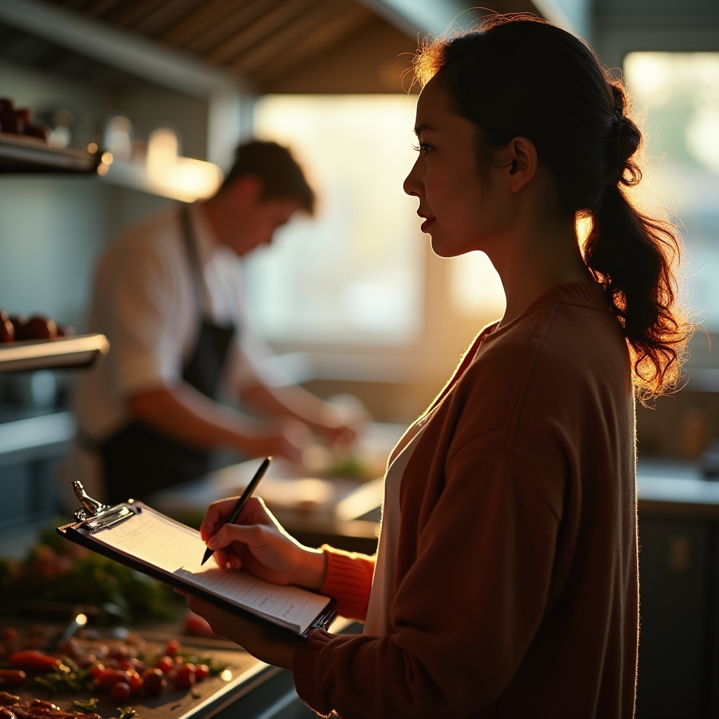 Consultant taking notes during an operational review inside a working kitchen