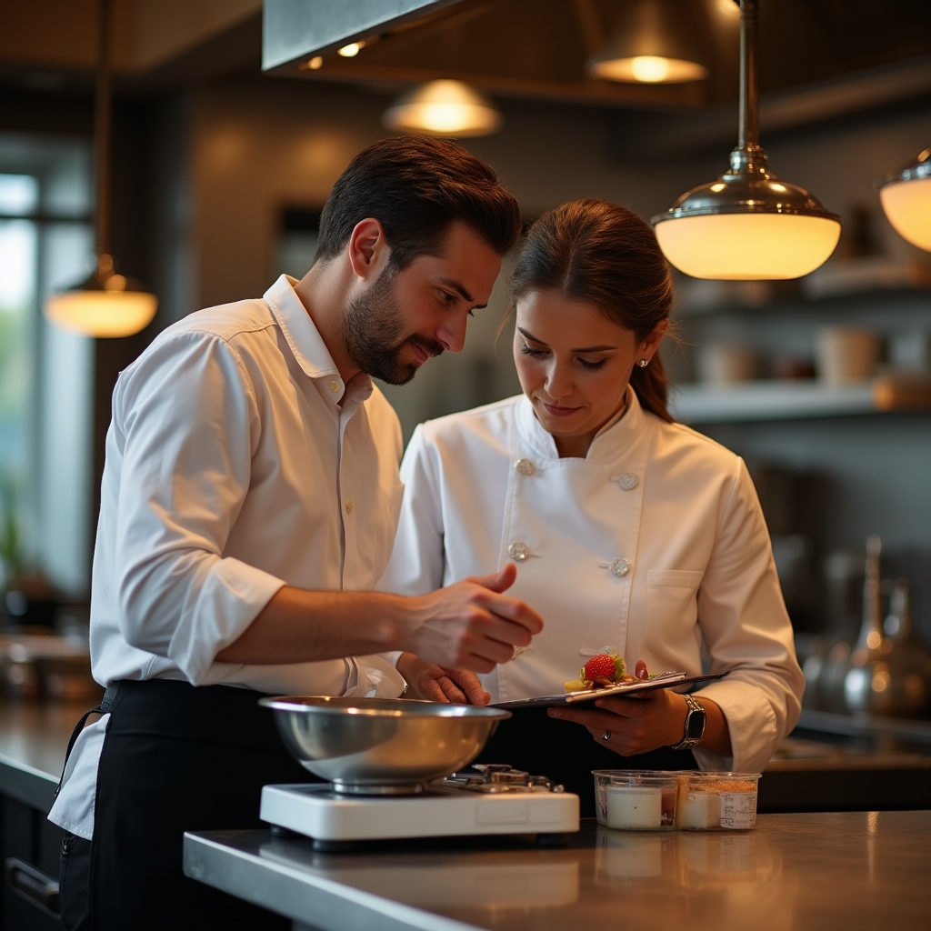 Chef and consultant standardising a recipe with measured ingredients on a kitchen counter