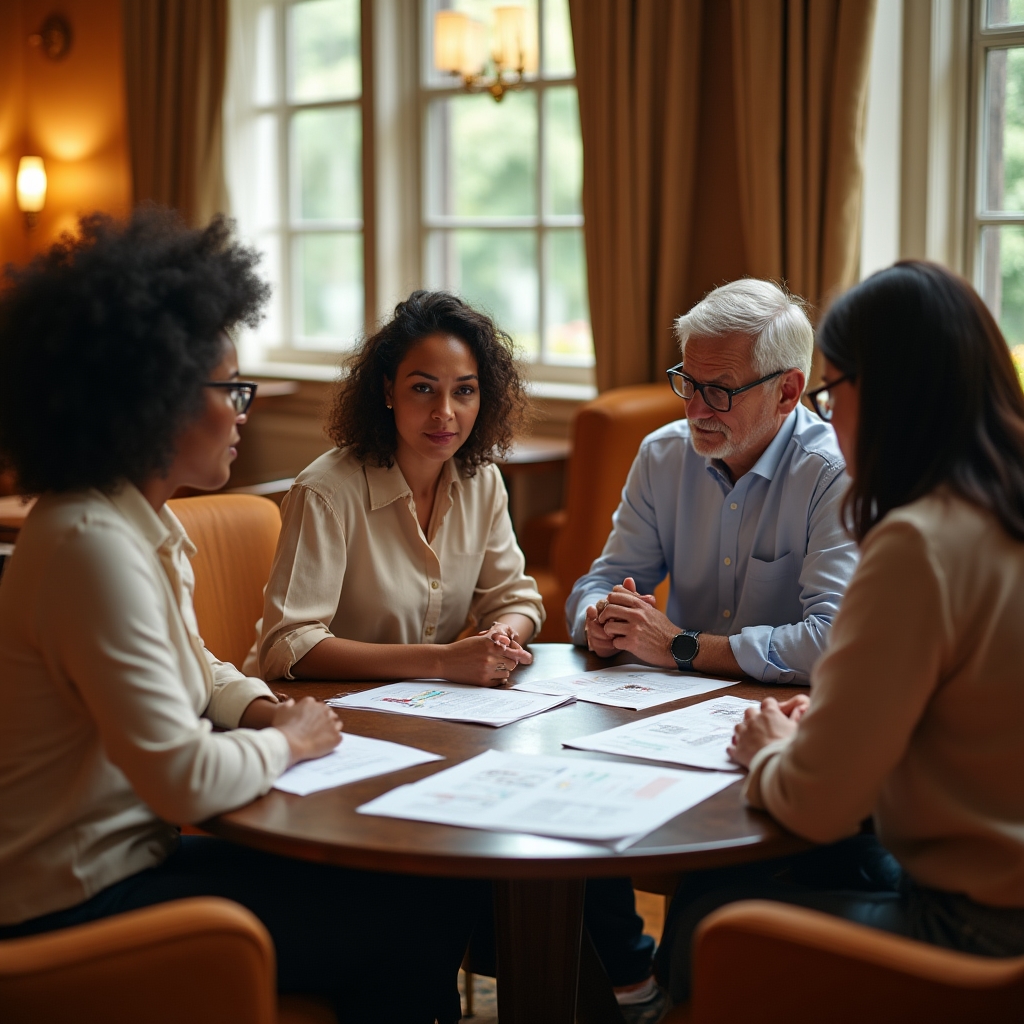 Consulting team and brand founders reviewing standardisation documents around a table in a hotel lounge workspace